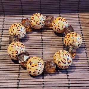 Vintage 90s Y2K Leopard Animal Print Chunky Wood Beads Stretch Bangle Bracelet